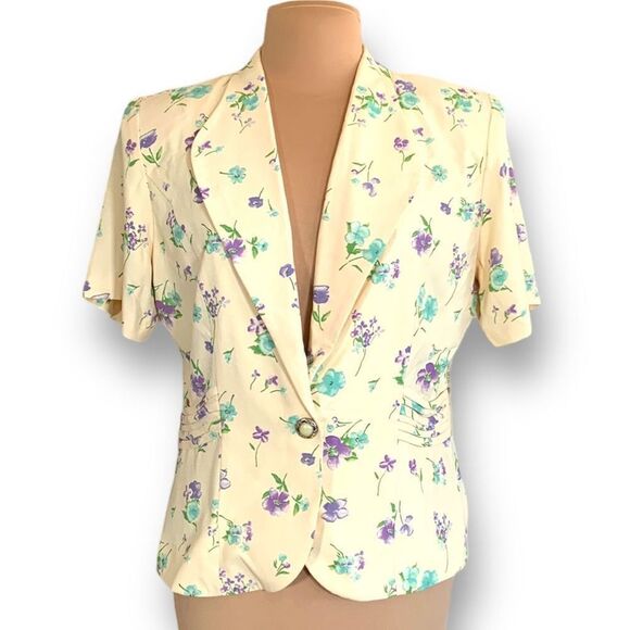 Vintage Blazer Pastel Butter Yellow Floral Detail Short Sleeve Structured Jacket - Picture 1 of 12
